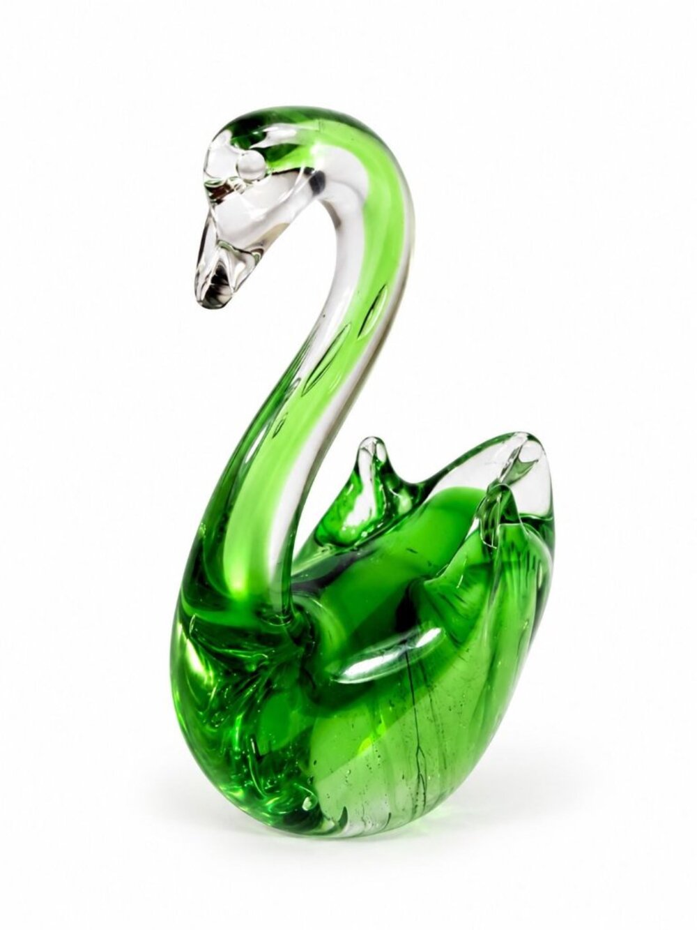 Figurine Swan Art Glass Vintage Murano Style Sommerso Emerald Green Hand Blown P